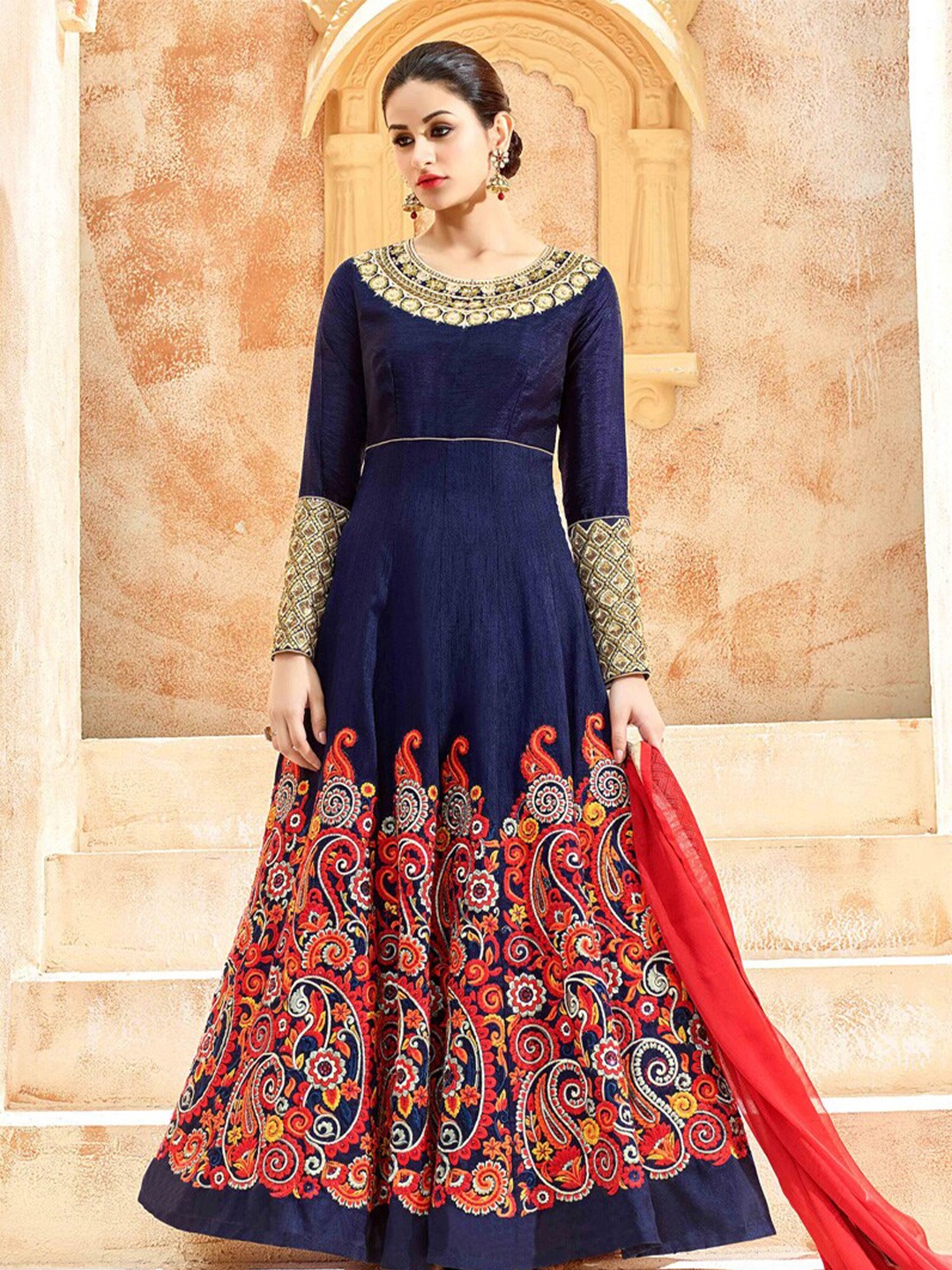 

Chandbaali Ethnic Motifs Embroidered Semi-Stitched Dress Material, Blue