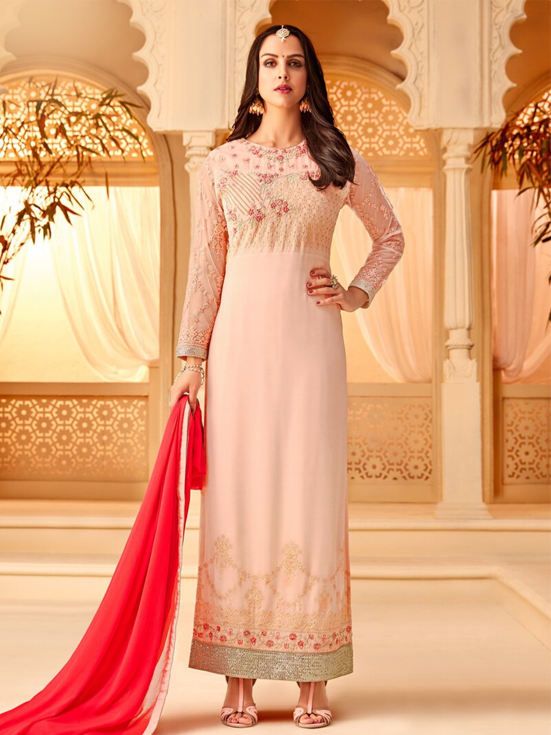 

Chandbaali Floral Embroidered Semi-Stitched Dress Material, Pink