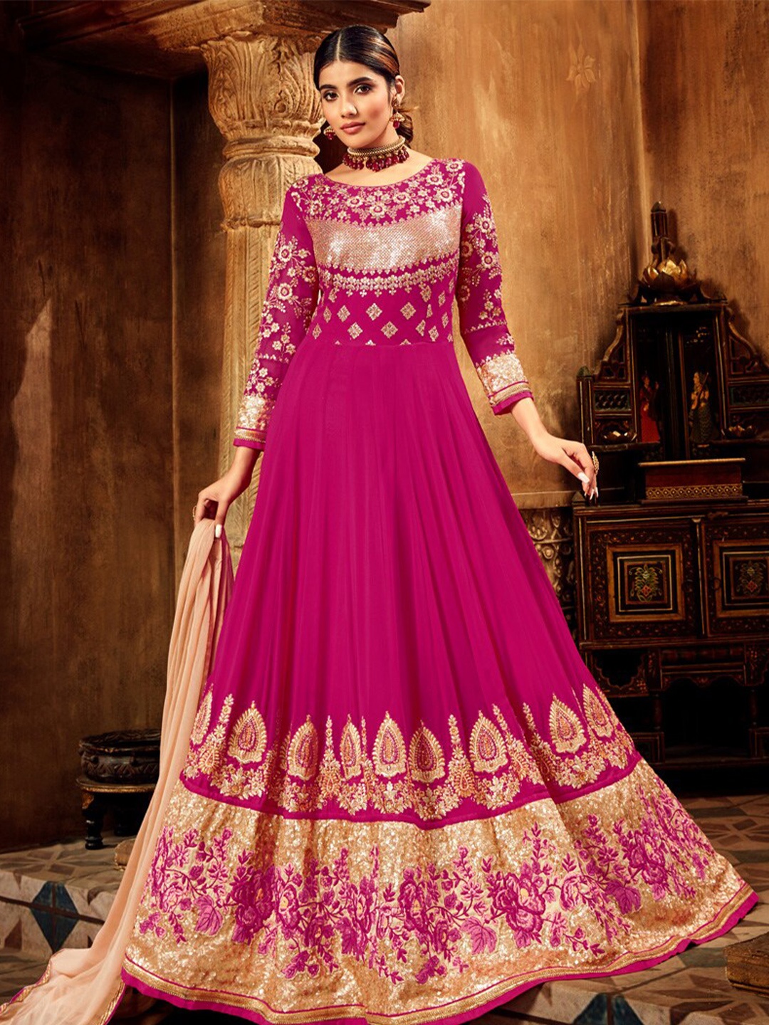 

Chandbaali Floral Embroidered Semi-Stitched Dress Material, Pink