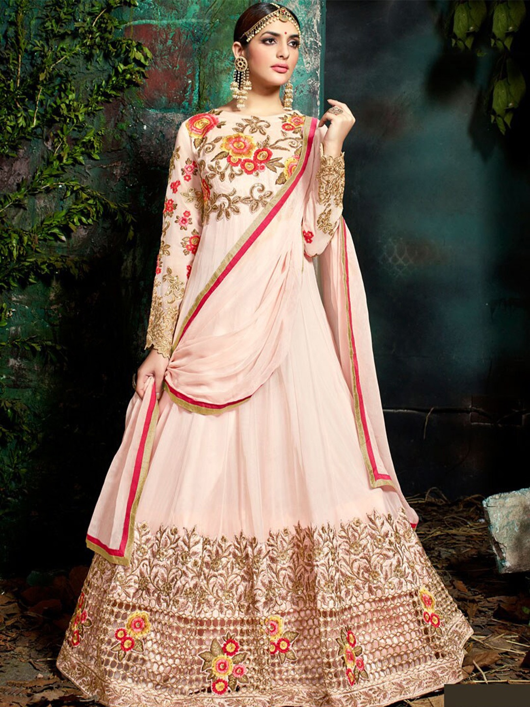 

Chandbaali Embroidered Semi-Stitched Dress Material, Pink