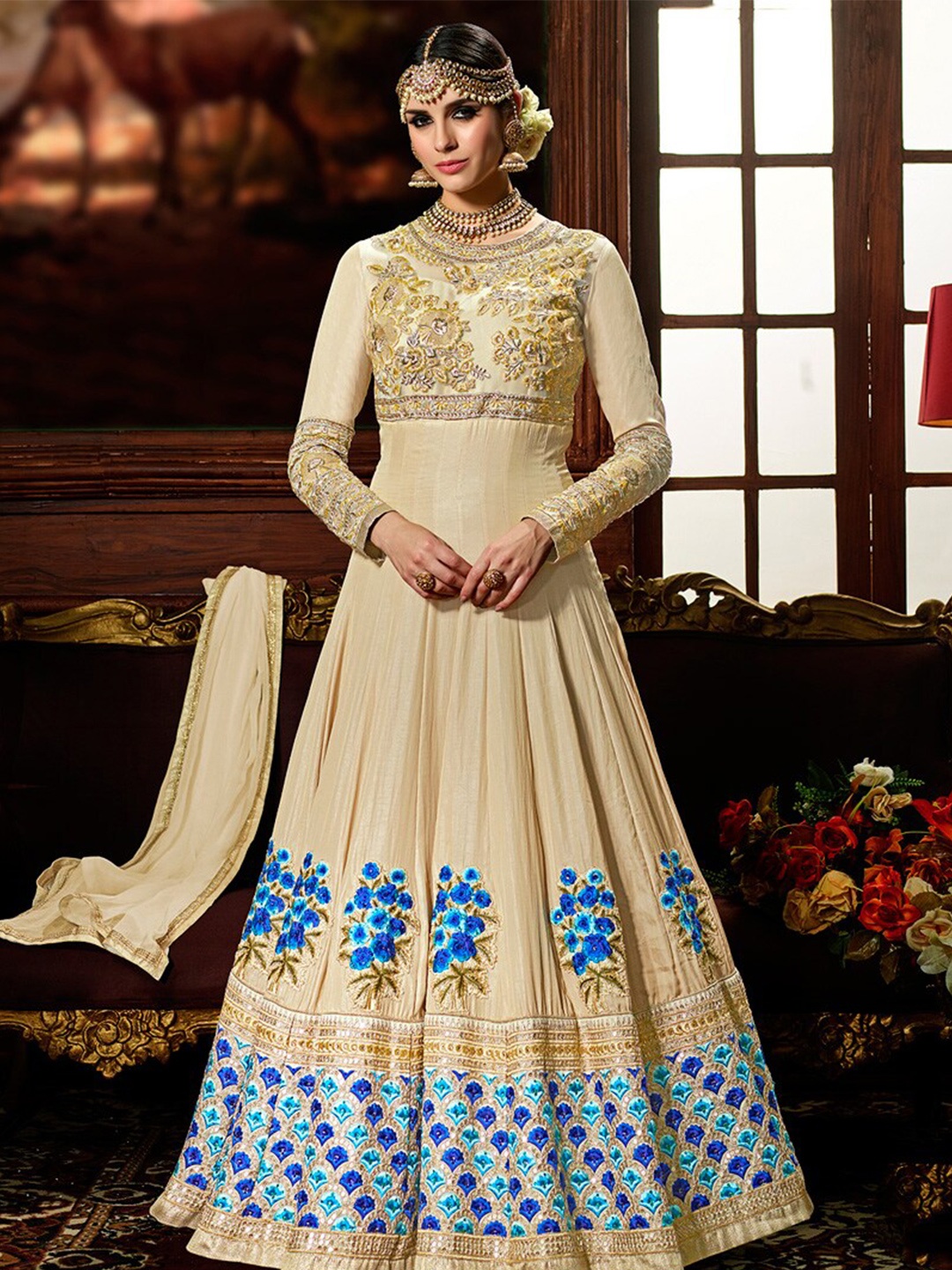 

Chandbaali Floral Embroidered Semi-Stitched Dress Material, Beige