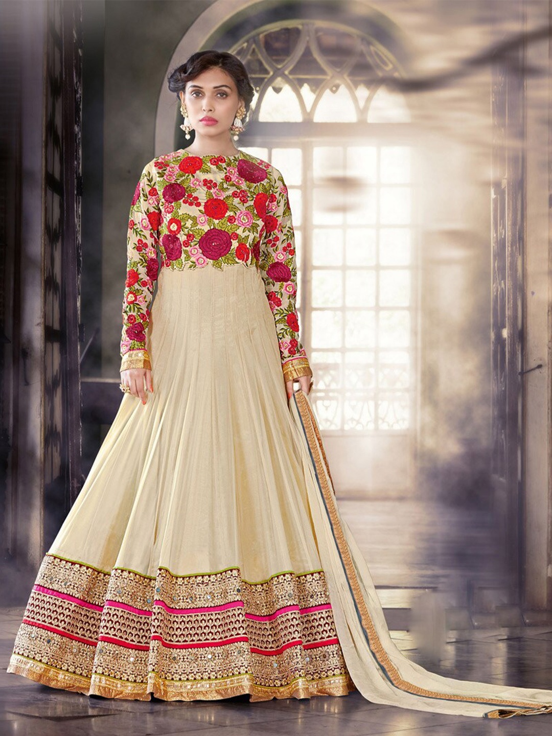 

Chandbaali Embroidered Semi-Stitched Dress Material, Beige