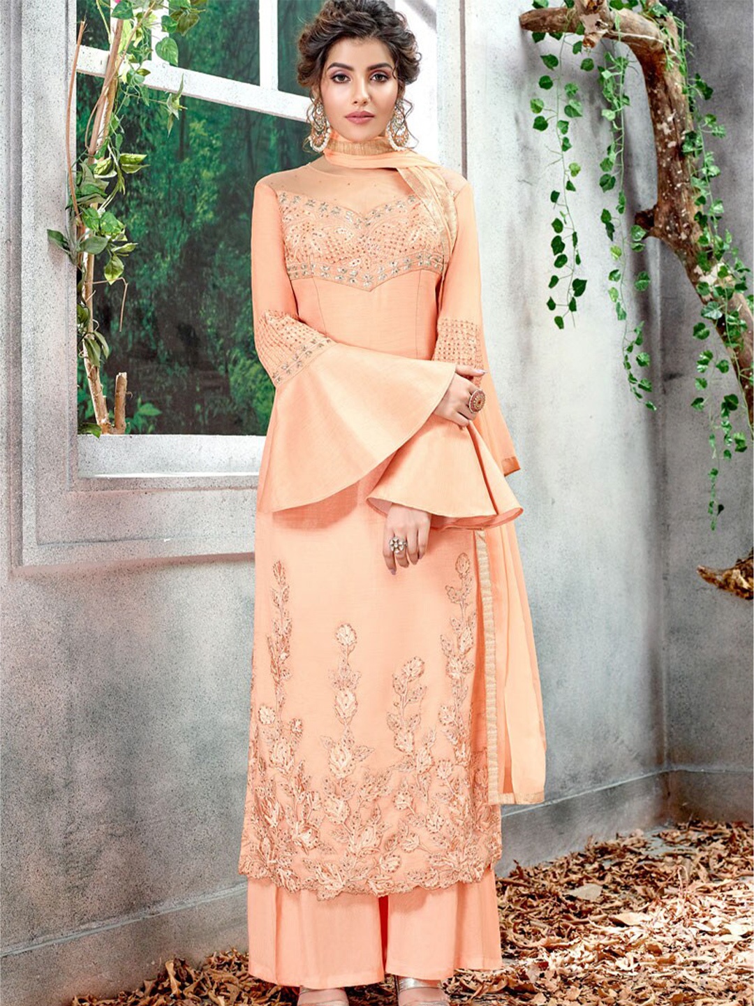 

Chandbaali Embroidered Art Silk Semi-Stitched Dress Material, Peach