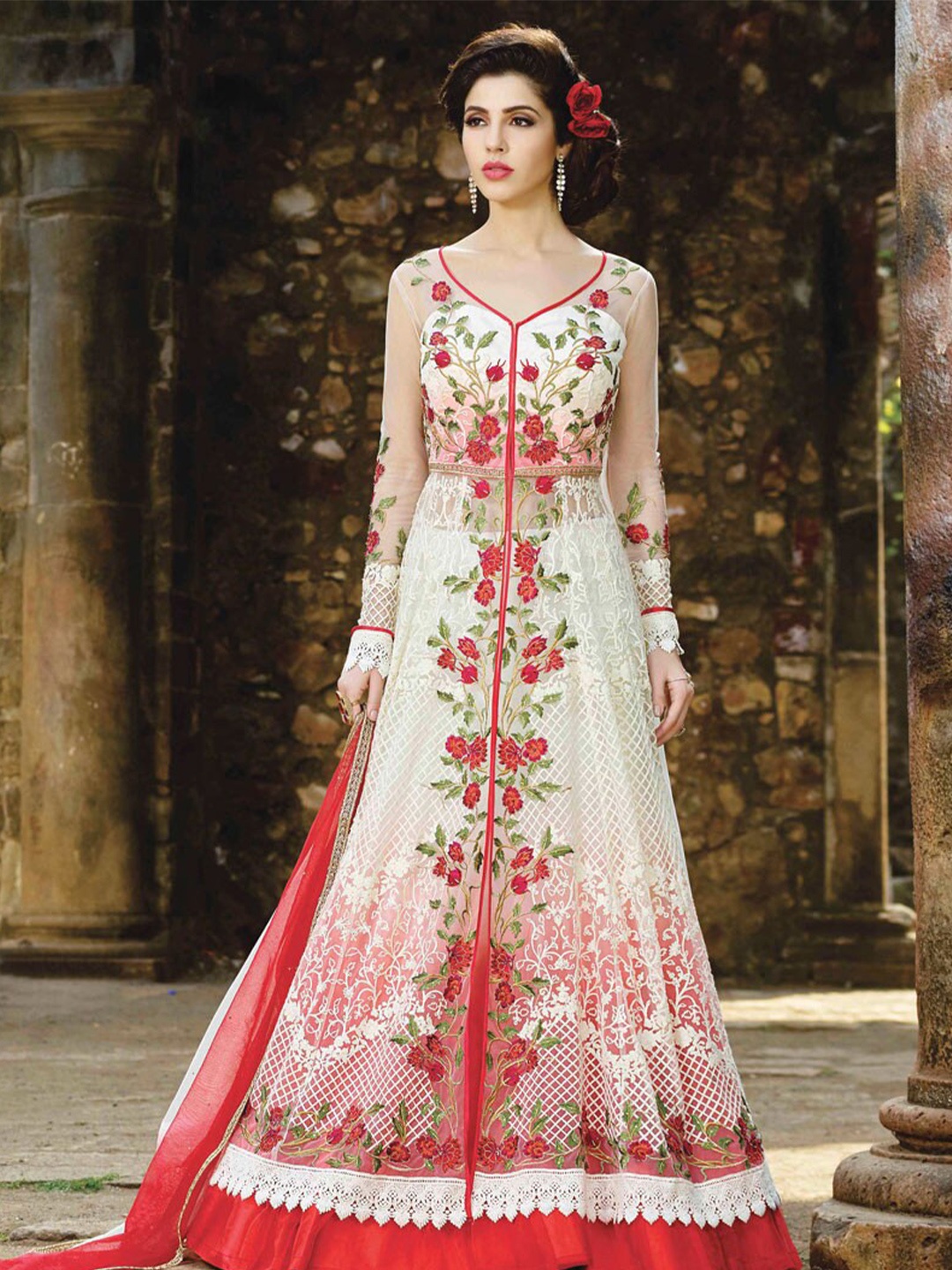 

Chandbaali Floral Embroidered Semi-Stitched Dress Material, Cream