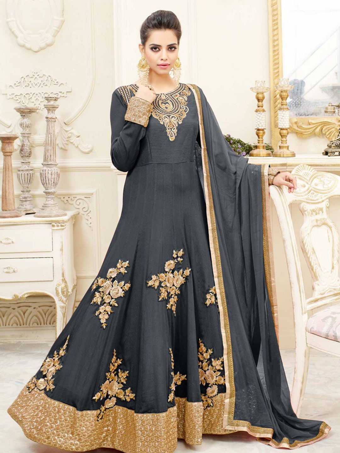 

Chandbaali Embroidered Art Silk Semi-Stitched Dress Material, Grey