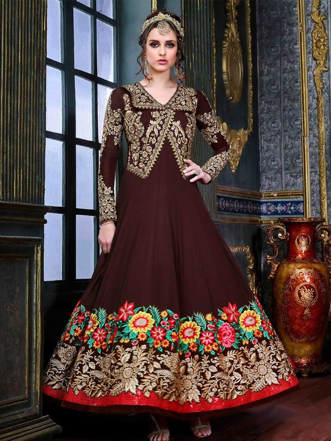 

Chandbaali Ethnic Motif Embroidered Semi-Stitched Dress Material, Brown