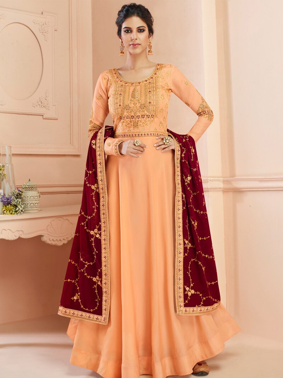 

Chandbaali Embroidered Pure Silk Semi-Stitched Dress Material, Peach