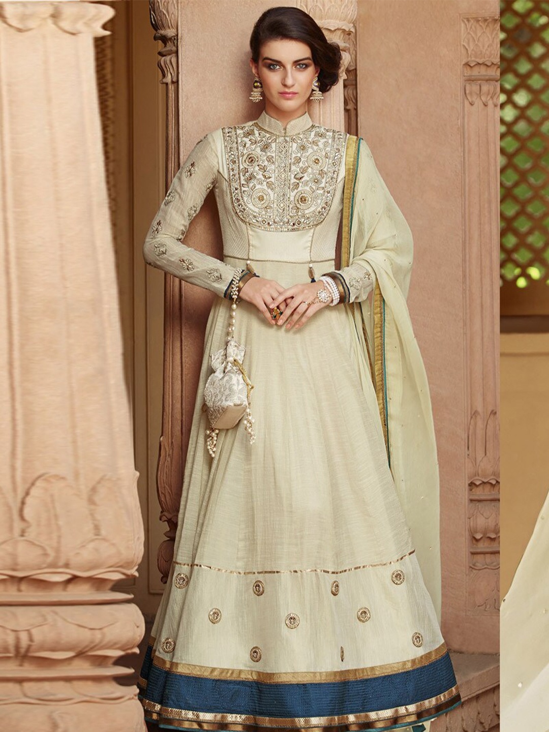 

Chandbaali Embroidered Art Silk Semi-Stitched Dress Material, Cream