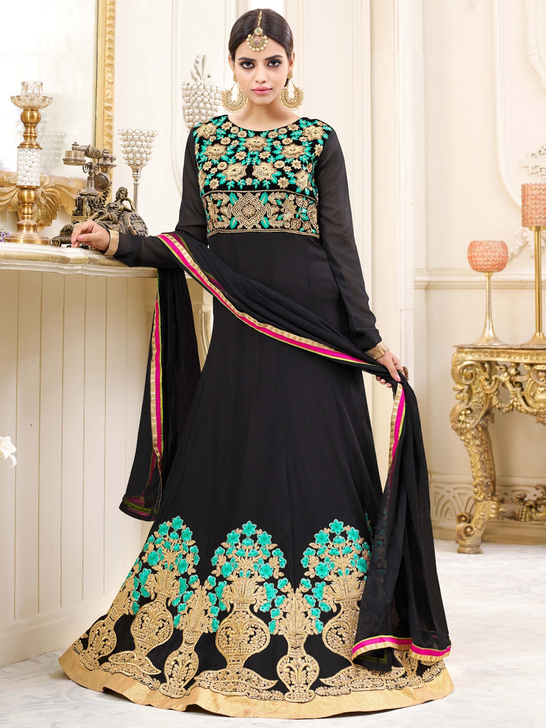 

Chandbaali Embroidered Semi-Stitched Dress Material, Black