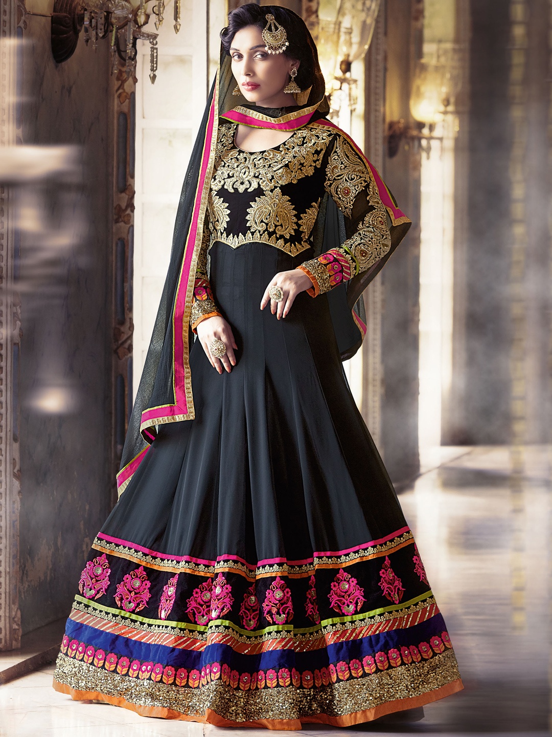 

Chandbaali Embroidered Semi-Stitched Dress Material, Black