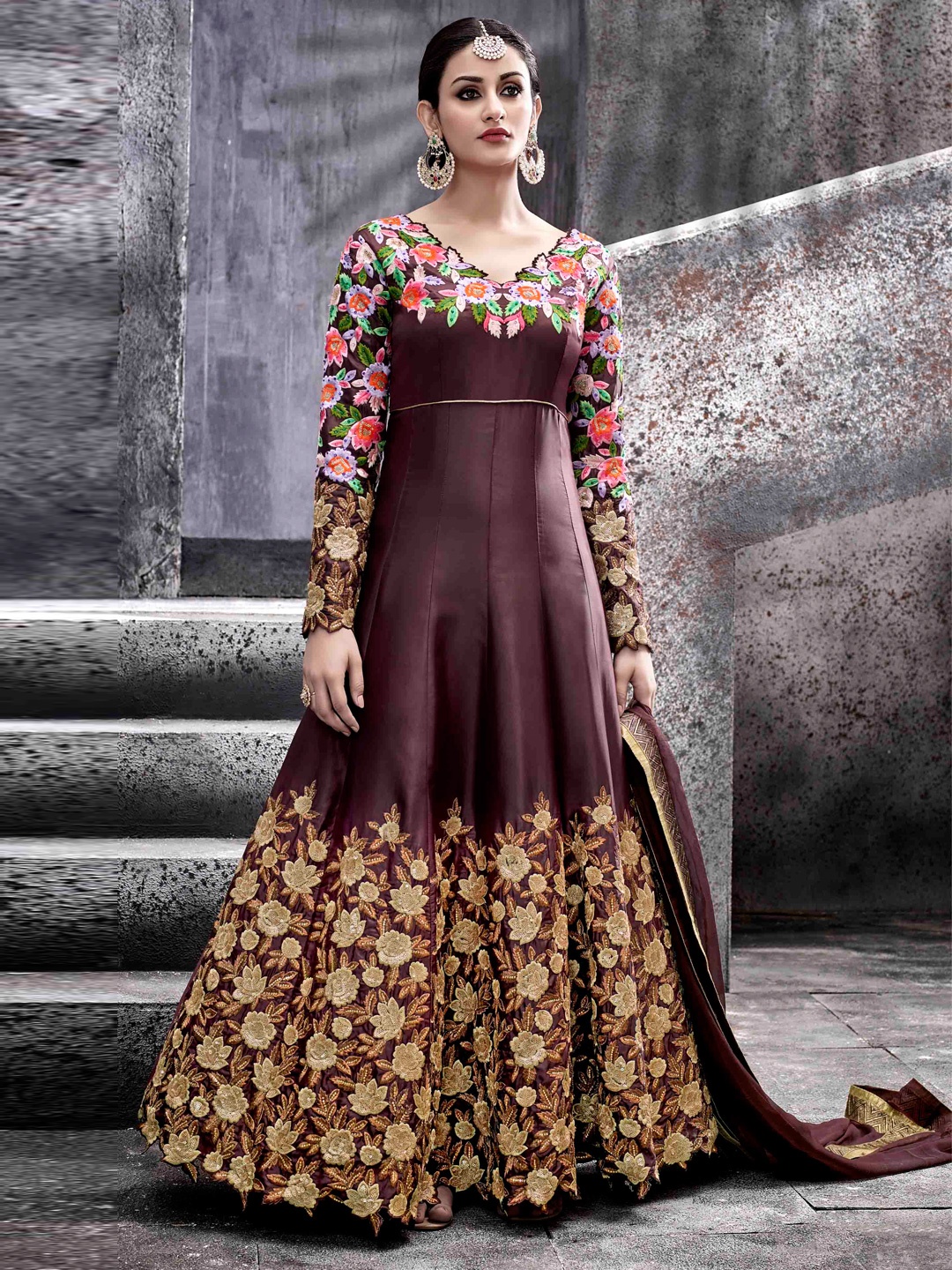 

Chandbaali Embroidered Art Silk Semi-Stitched Dress Material, Brown