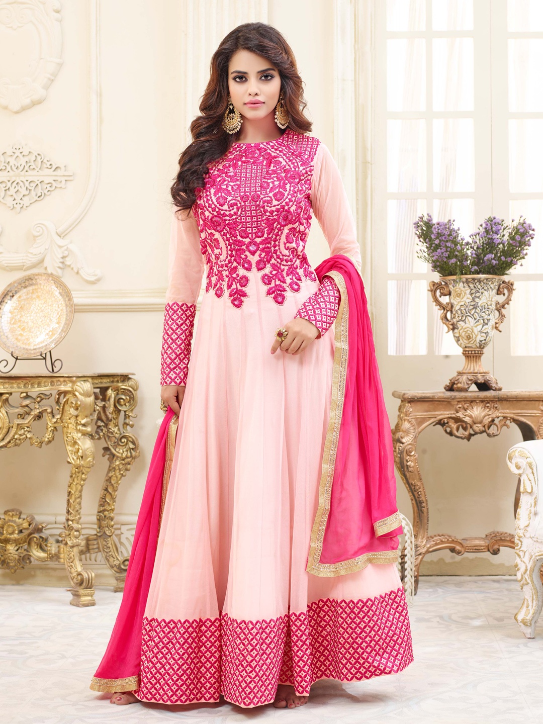 

Chandbaali Embroidered Semi-Stitched Dress Material, Pink