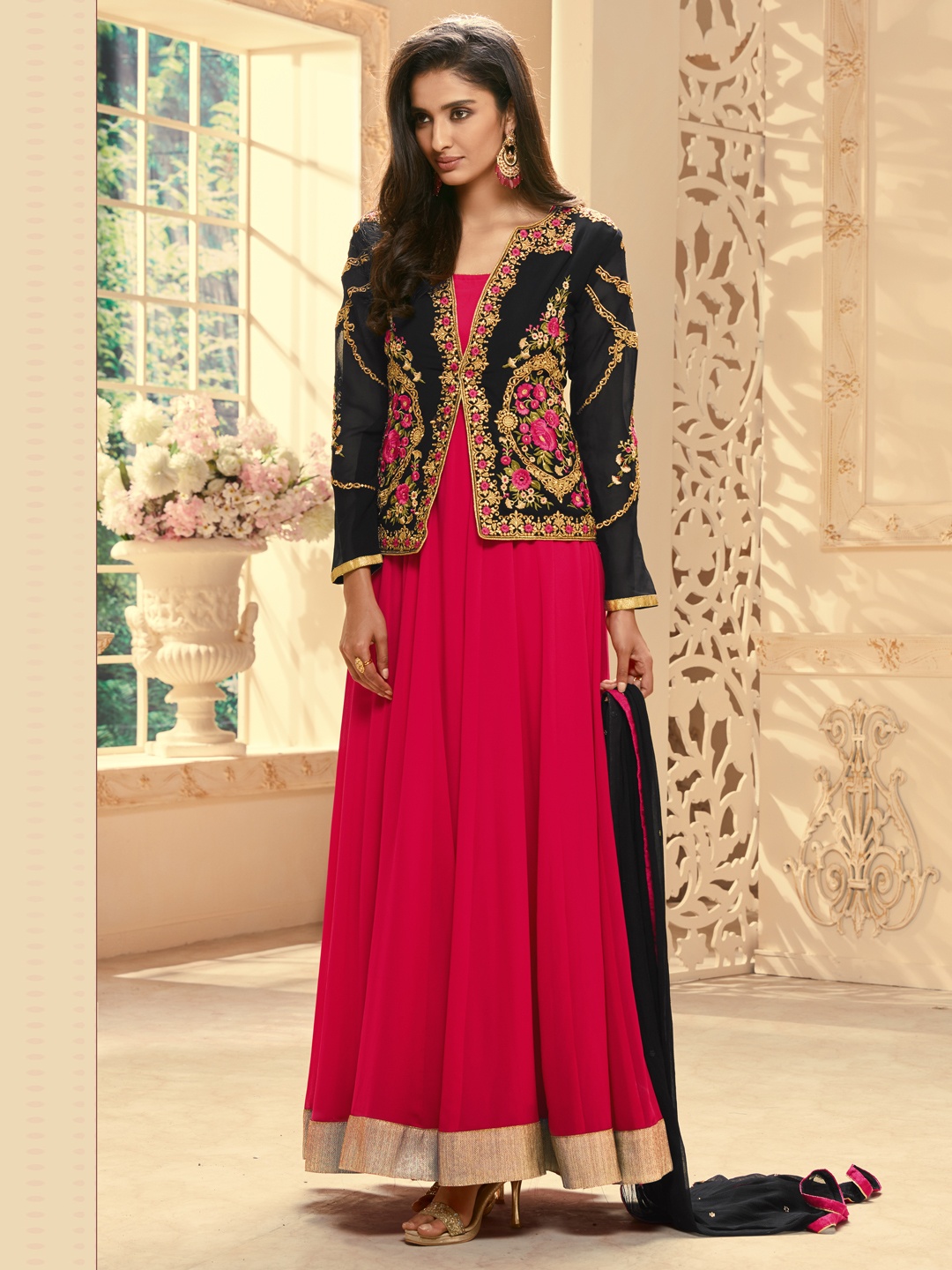 

Chandbaali Embroidered Semi-Stitched Dress Material, Red