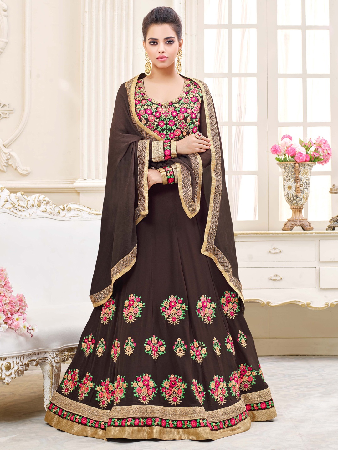 

Chandbaali Embroidered Semi-Stitched Dress Material, Brown