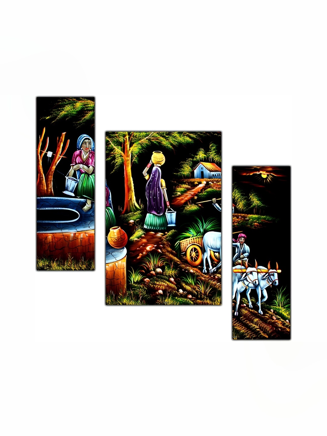 

PnF Black & Green 3 Pieces Village Life Wooden Painting Wall Arts