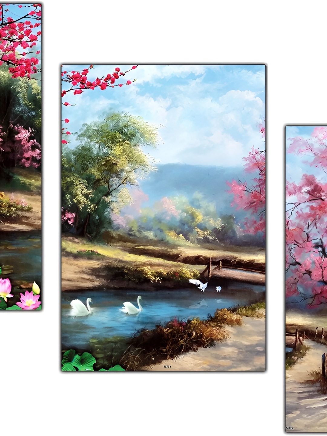 PnF Pink & Blue 3 Piece Wood Floral and Botanical Wall Paintings