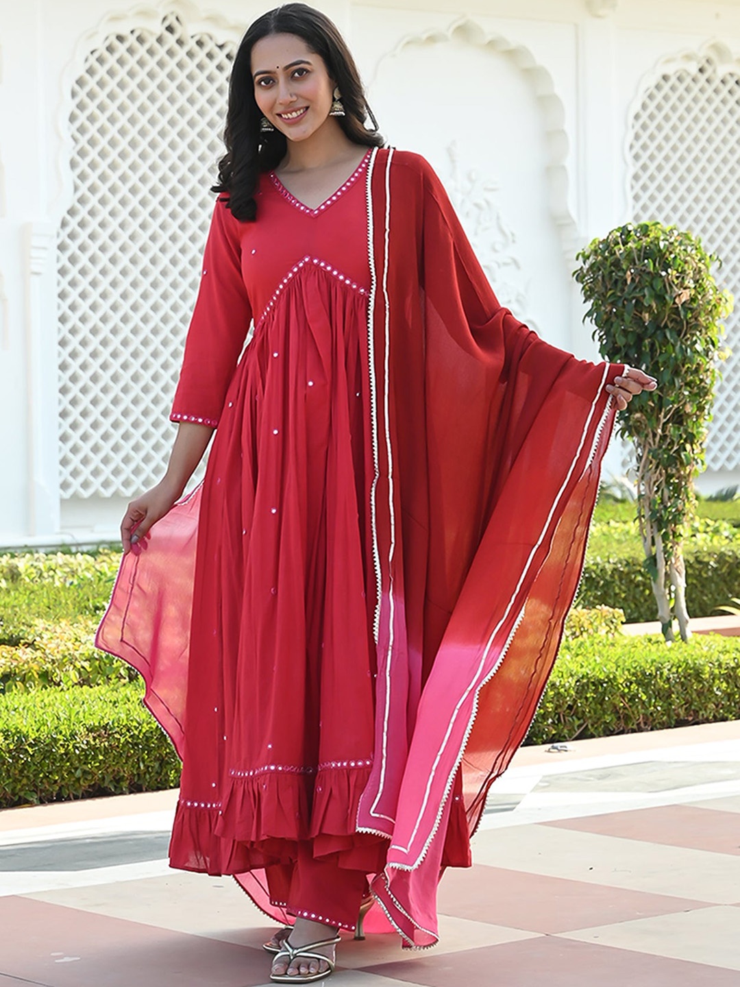 

Chandbaali Floral Embroidered Empire Pure Cotton Kurta with Trousers & With Dupatta, Red