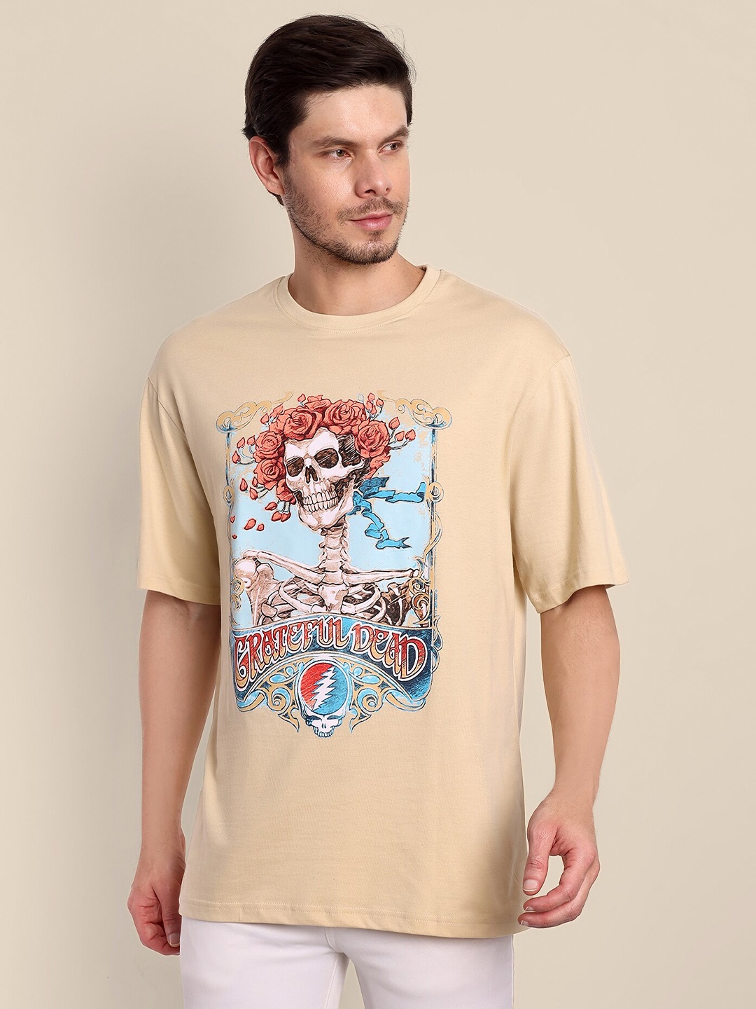

TOMHIDDLE Graphic Printed Drop-Shoulder Sleeves Pure Cotton Oversized T-shirt, Cream
