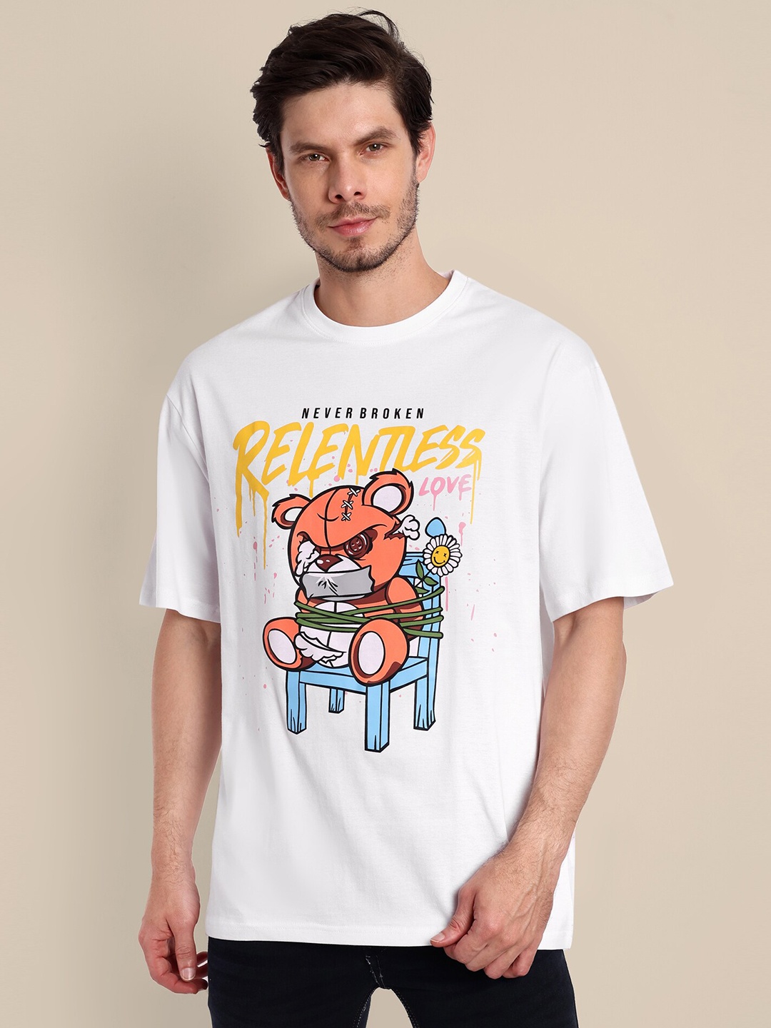 

TOMHIDDLE Graphic Printed Drop-Shoulder Sleeves Pure Cotton Oversized T-shirt, White