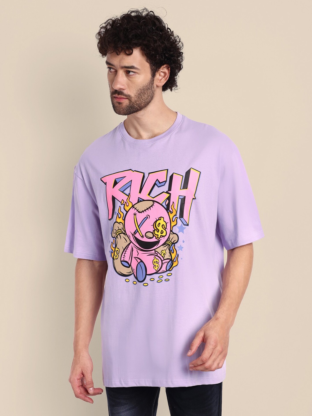 

TOMHIDDLE Graphic Printed Drop-Shoulder Sleeves Pure Cotton Oversized T-shirt, Pink