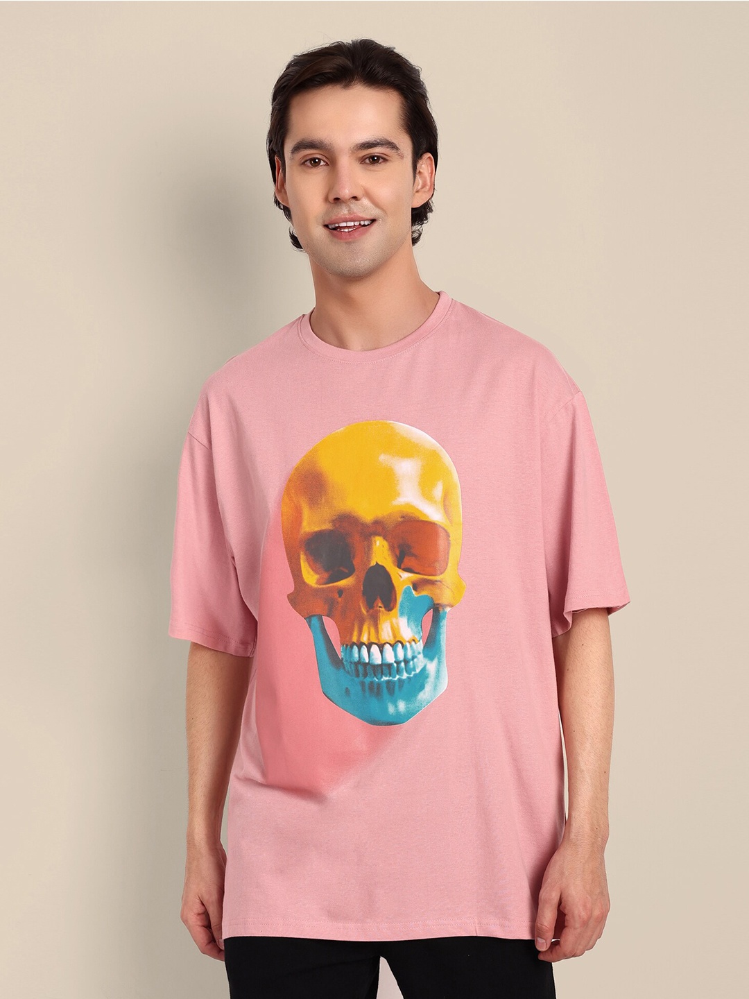 

TOMHIDDLE Graphic Printed Drop Shoulder Sleeves Pure Cotton Oversized T-shirt, Pink