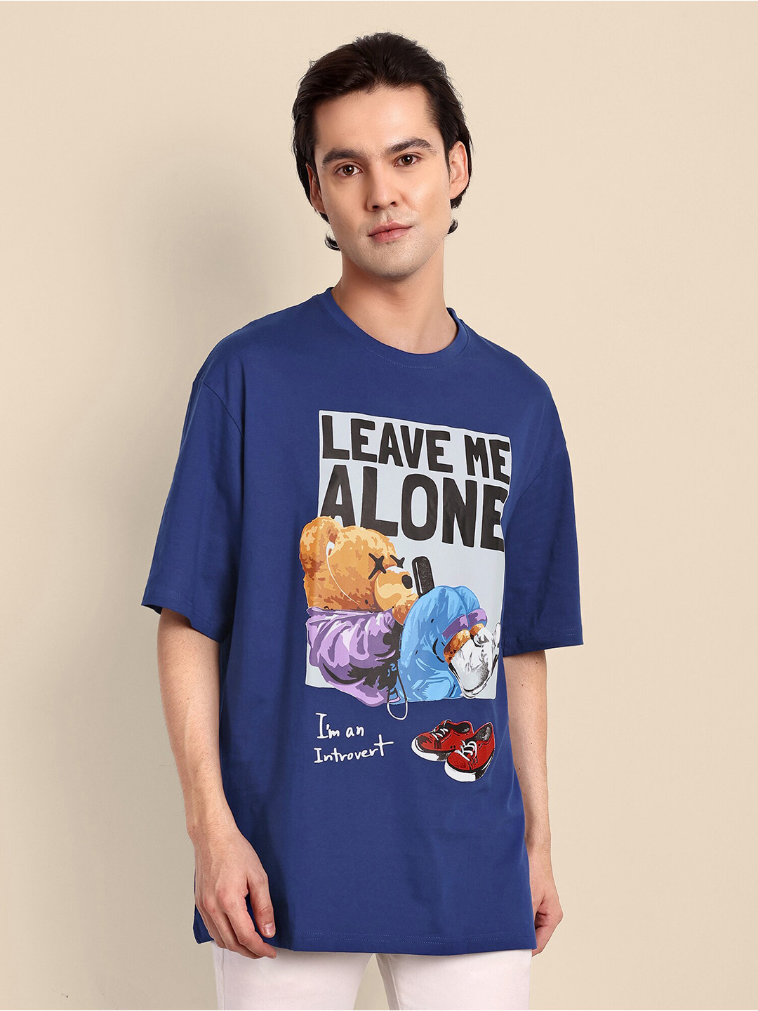 

TOMHIDDLE Graphic Printed Drop Shoulder Sleeves Pure Cotton Oversized T-shirt, Navy blue
