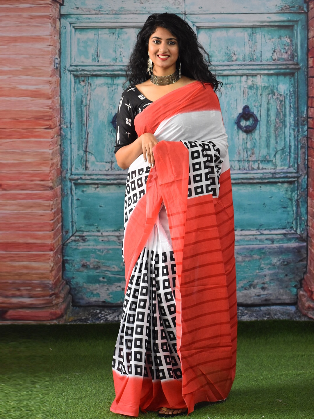 

JALTHER Geometric Printed Jaipuri Pure Cotton Mulmul Block Print Saree, Peach