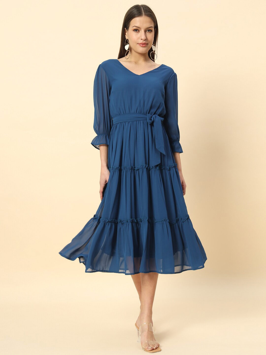 

Chemistry V-Neck Tiered Georgette Fit & Flare Midi Dress, Blue