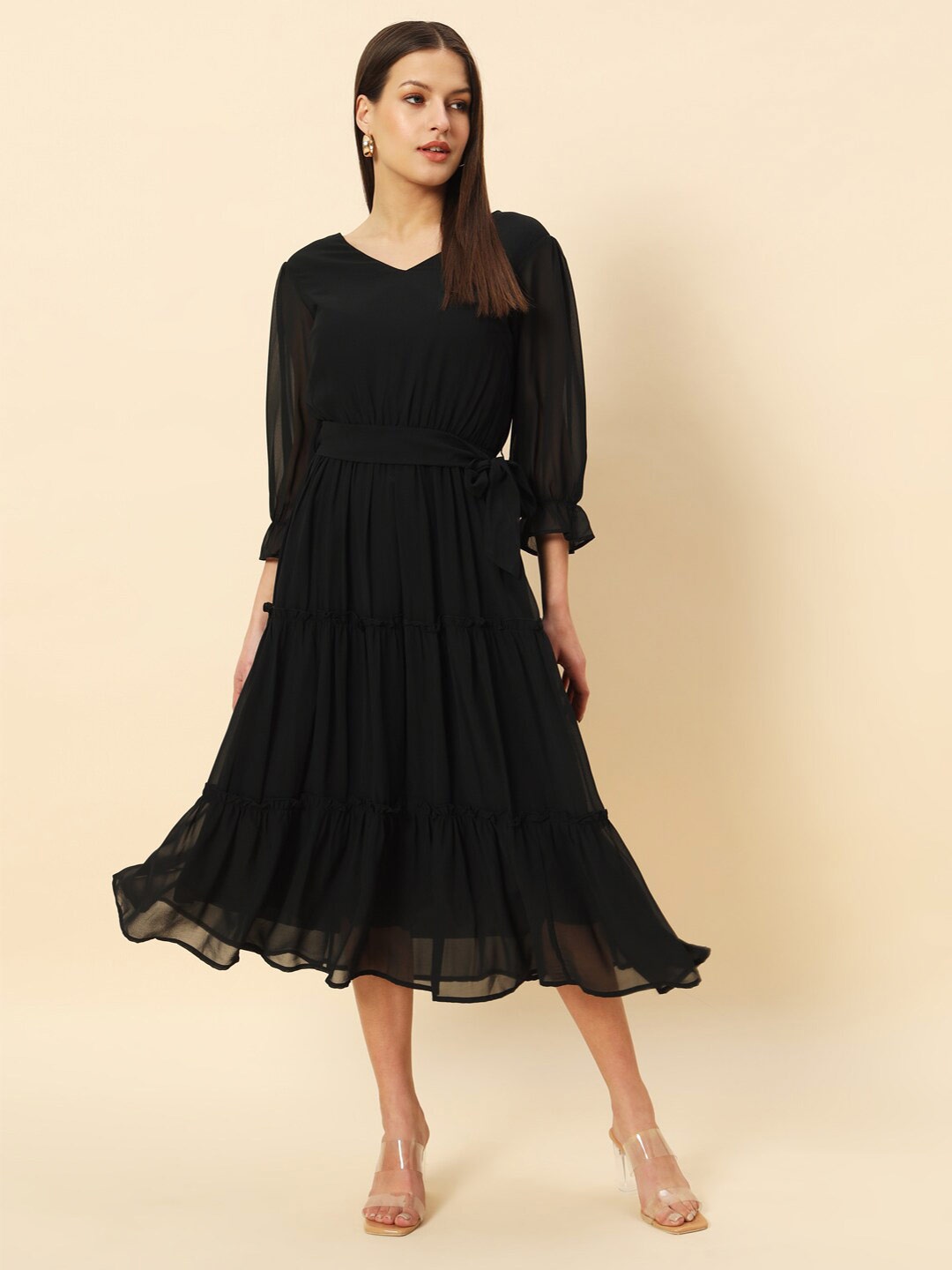 

Chemistry V-Neck Ruffled Georgette Fit & Flare Midi Dress, Black