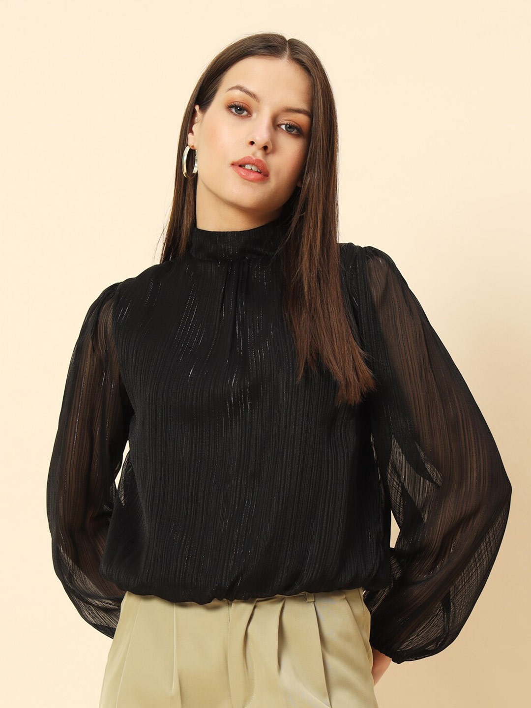 

Chemistry Puff Sleeves High Neck Blouson Top, Black