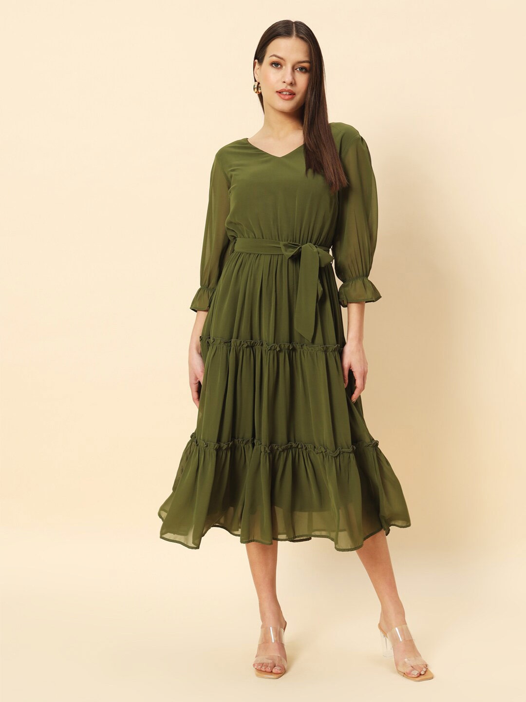 

Chemistry V-Neck Tiered Georgette Fit & Flare Midi Dress, Olive