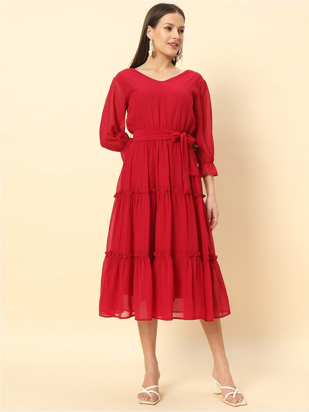 

Chemistry V-Neck Tiered Georgette Fit & Flare Midi Dress, Maroon