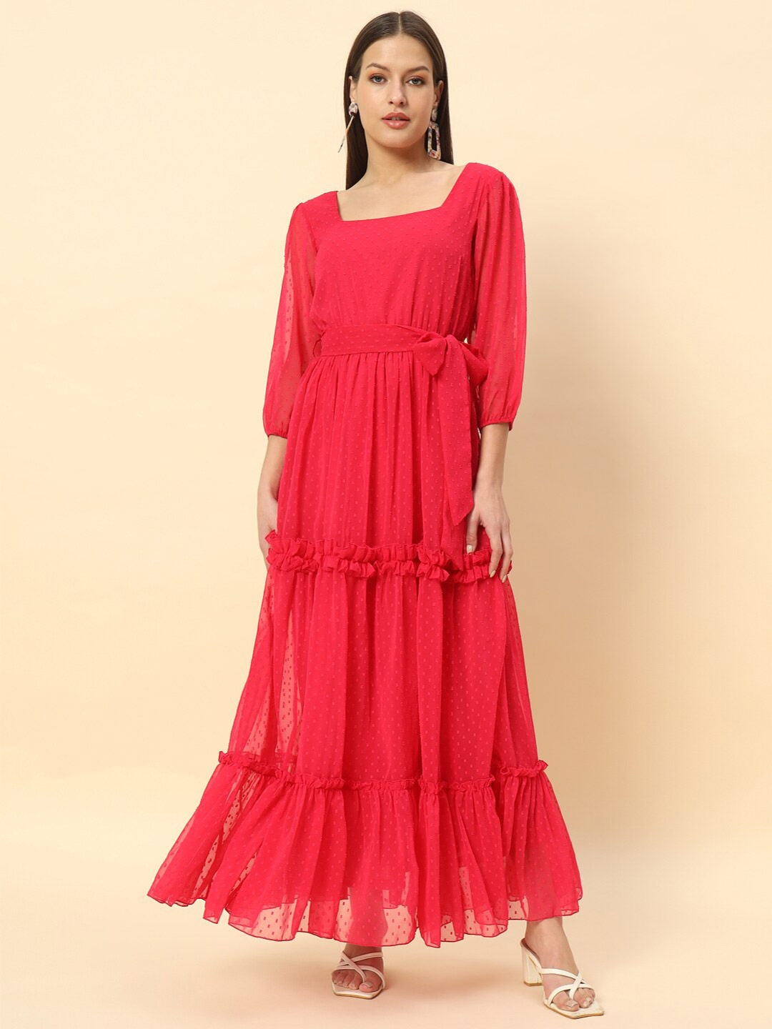 

Chemistry Self Design Tiered Georgette Fit & Flare Midi Dress, Pink