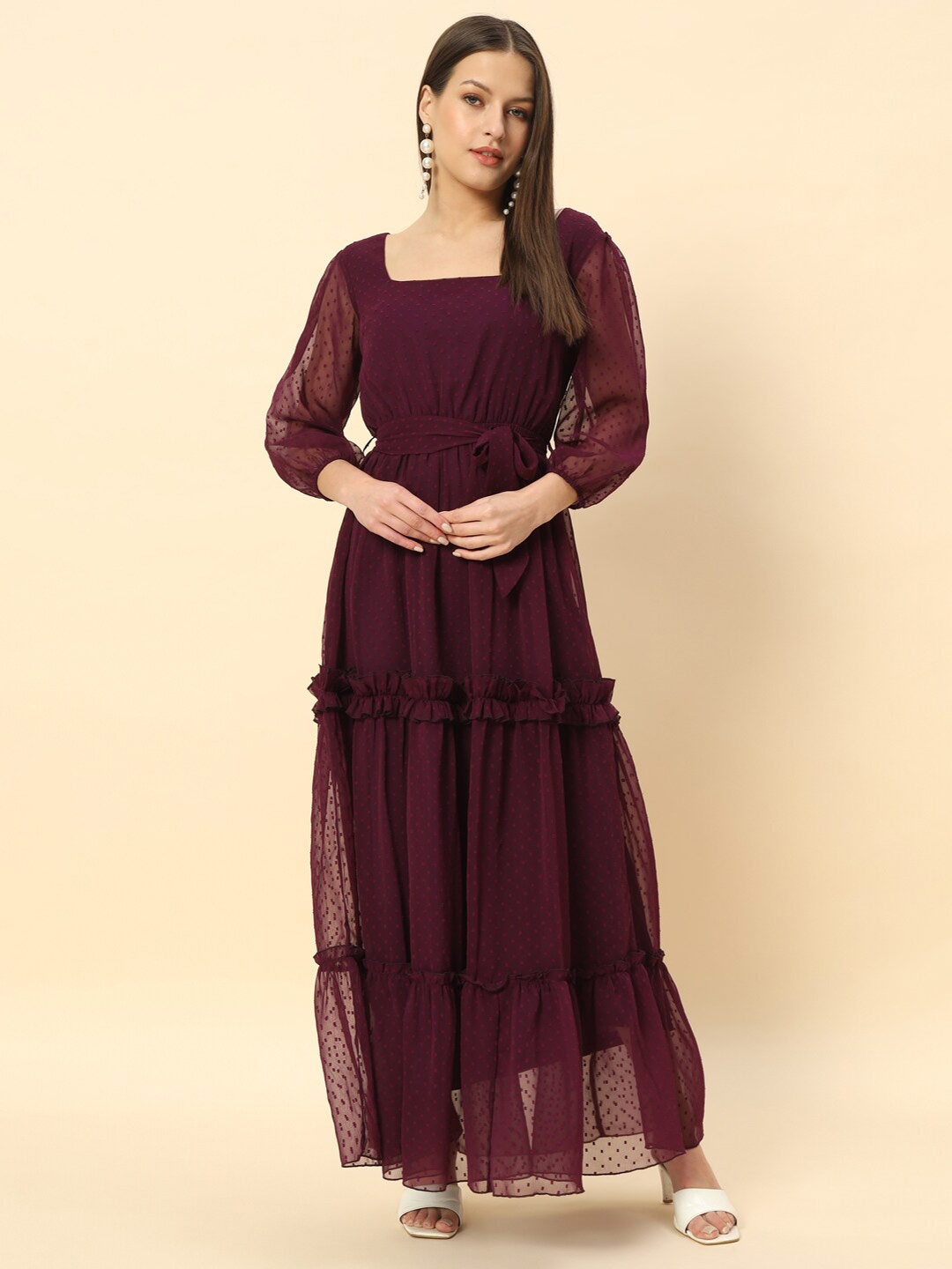 

Chemistry Self Design Tiered Georgette Fit & Flare Midi Dress, Burgundy