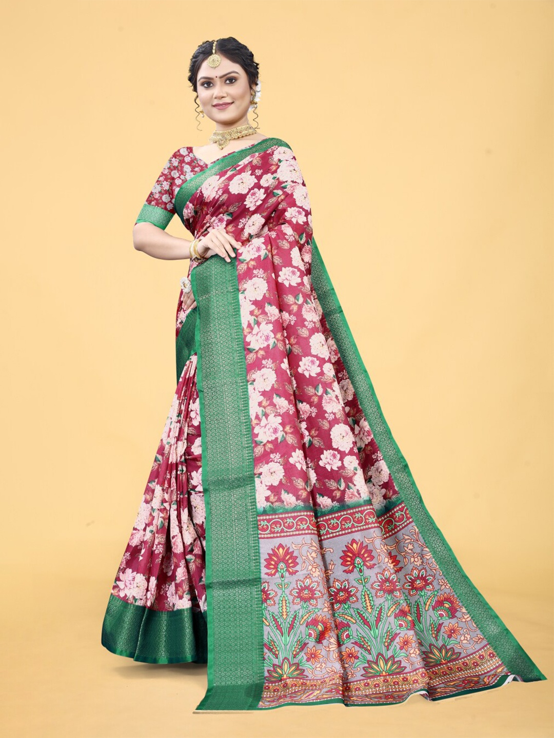 

suyukti creation Floral Printed Zari Saree, Pink