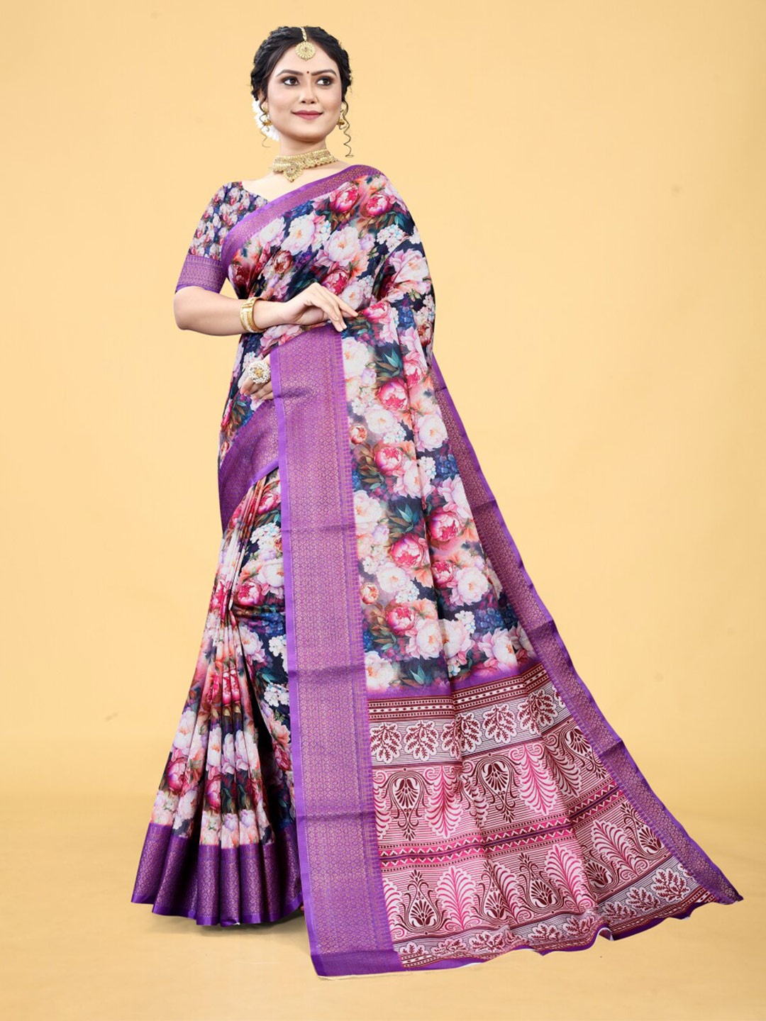 

suyukti creation Floral Printed Zari Saree, Purple