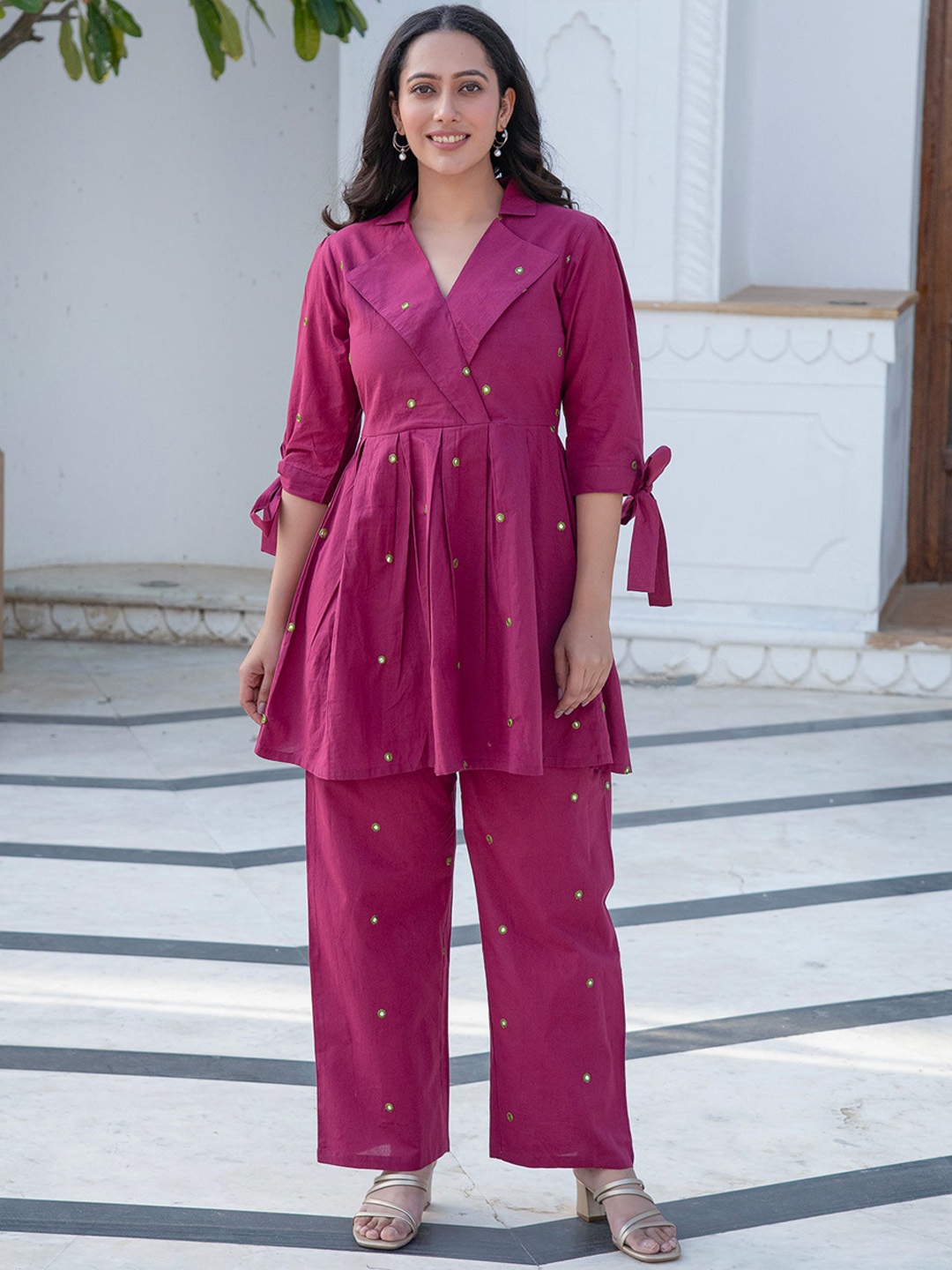 

Chandbaali Mirror Work Lapel Collar Angrakha Pure Cotton A-Line Kurta with Palazzos, Purple
