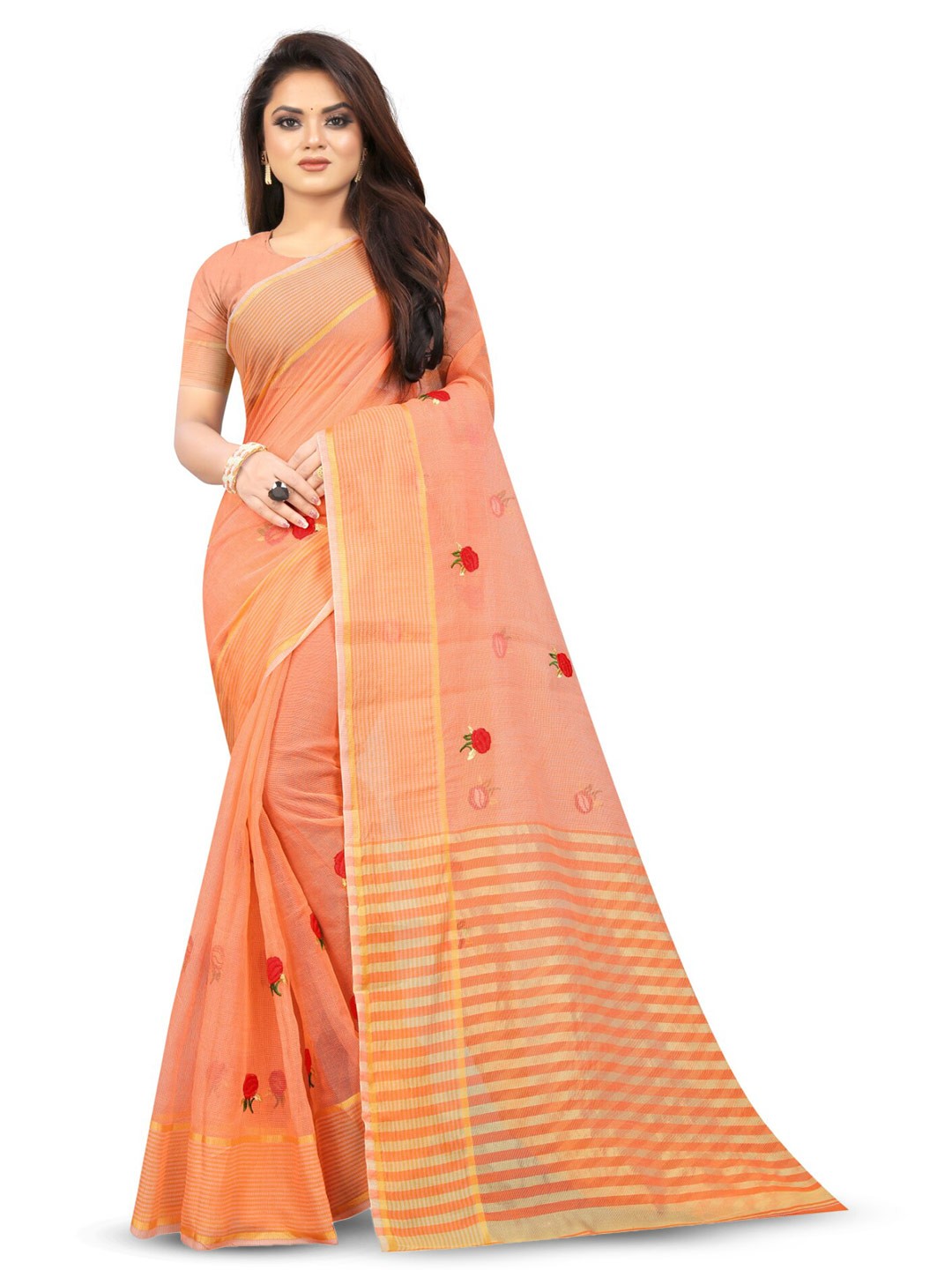 

suyukti creation Floral Embroidered Zari Kota Saree, Orange