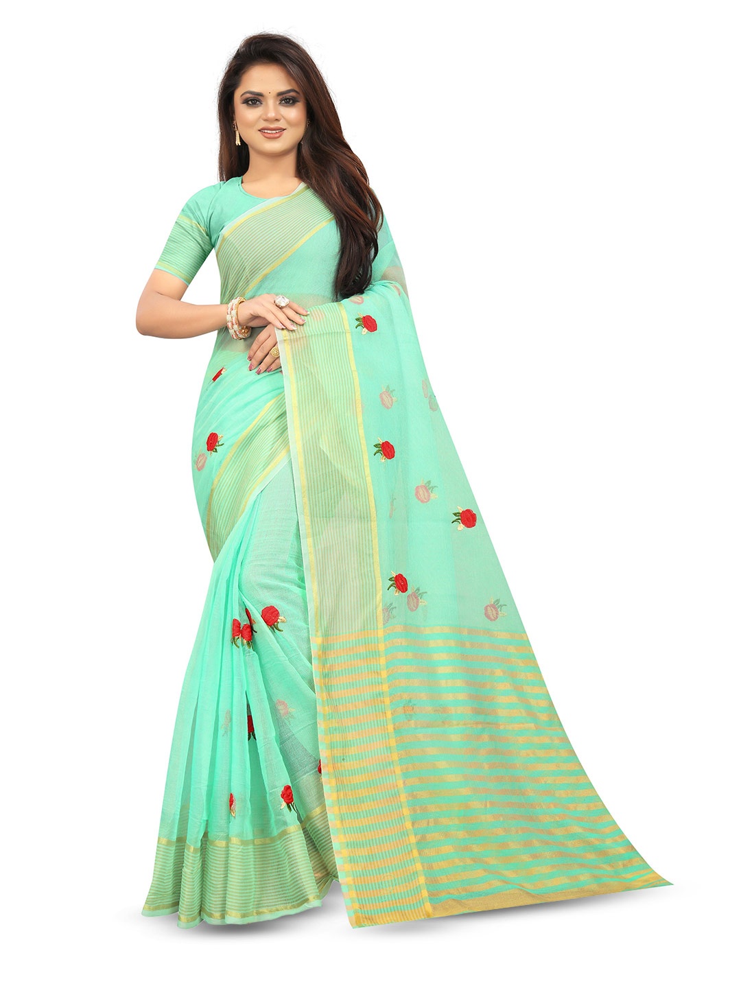 

suyukti creation Floral Embroidered Zari Kota Saree, Teal