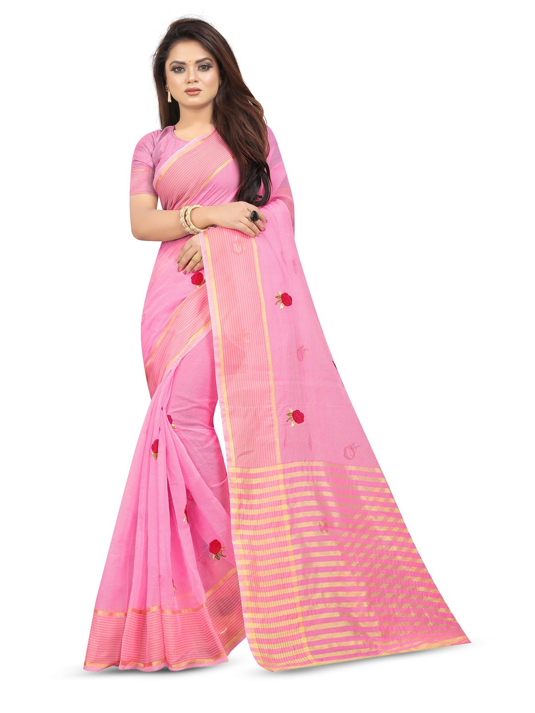 

suyukti creation Floral Embroidered Zari Kota Saree, Pink
