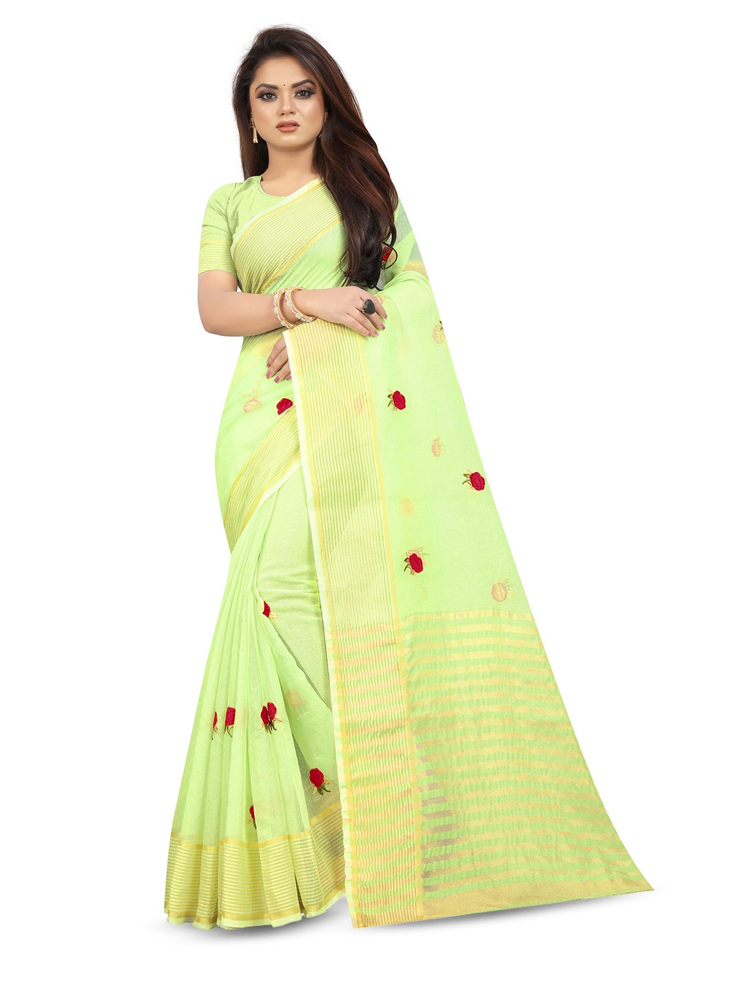 

suyukti creation Floral Embroidered Zari Kota Saree, Green