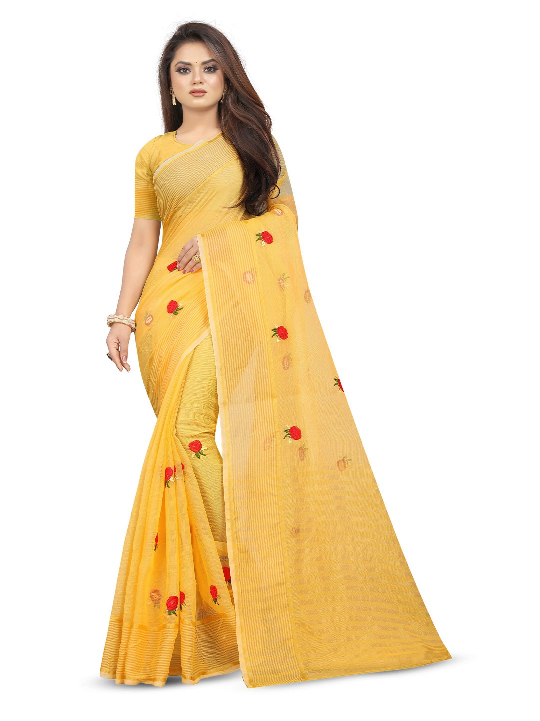 

suyukti creation Floral Embroidered Doria Cotton Kota Saree, Yellow