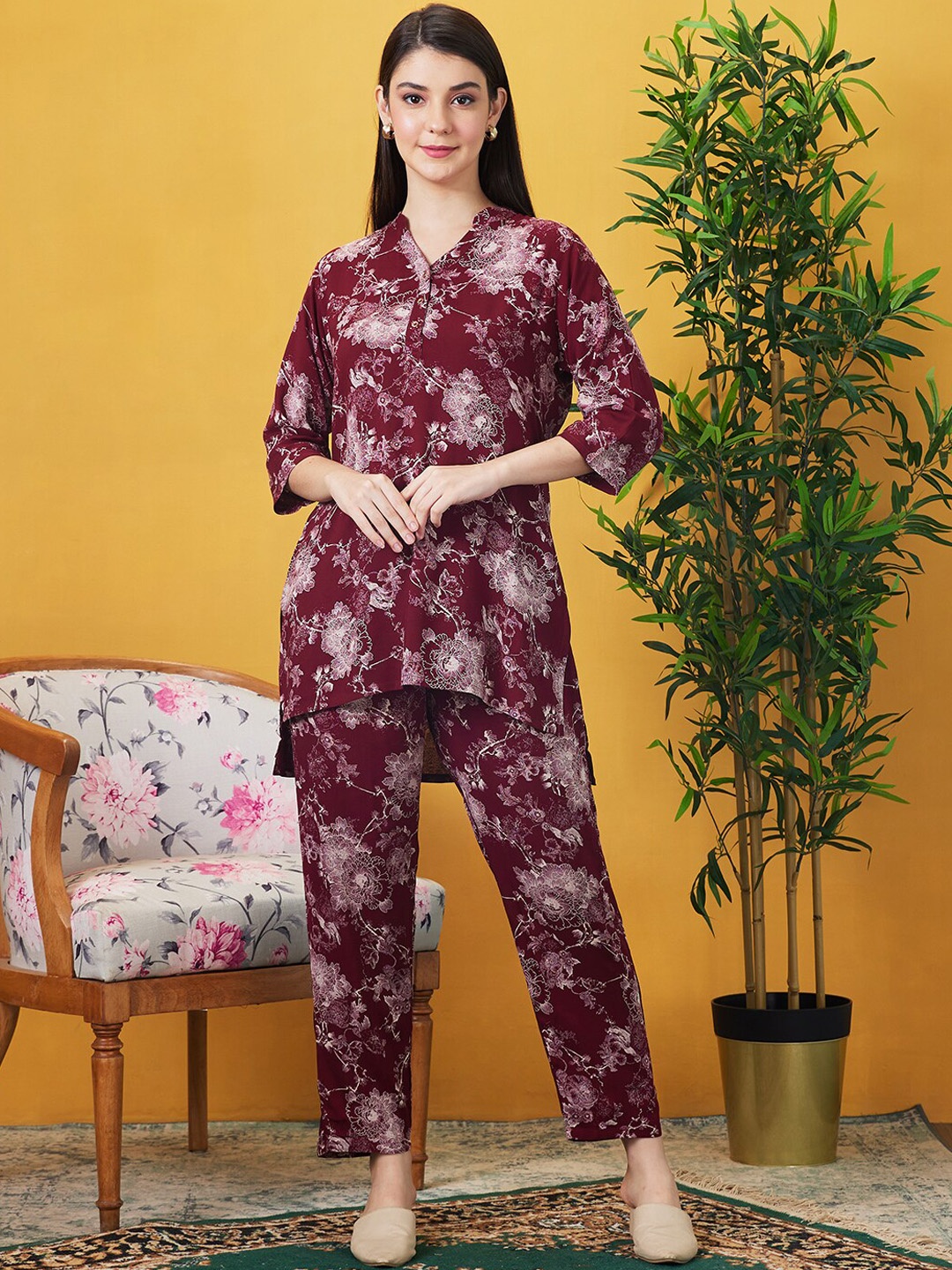 

AV2 Floral Printed Tunic With Trousers Co-Ords, Maroon