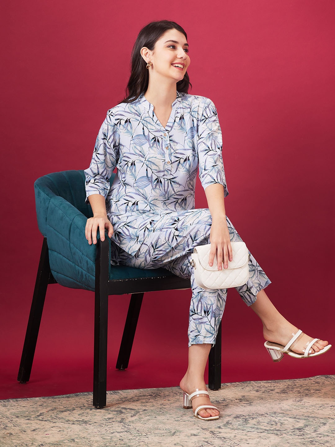 

AV2 Floral Printed Mandarin Collar Tunic With Trouser, Blue