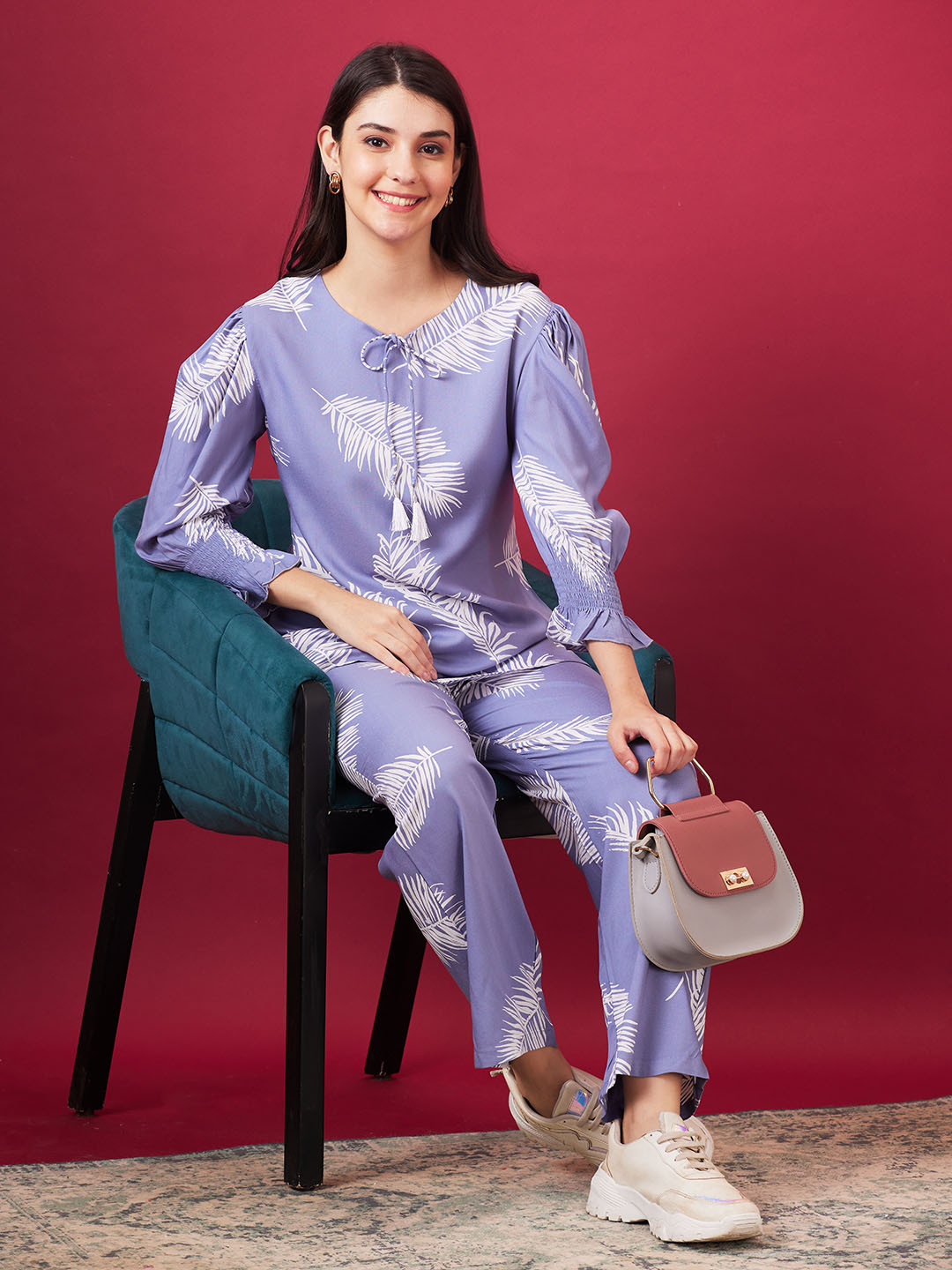 

AV2 Floral Printed Tie-Up Neck Top With Trousers Co-Ords, Purple