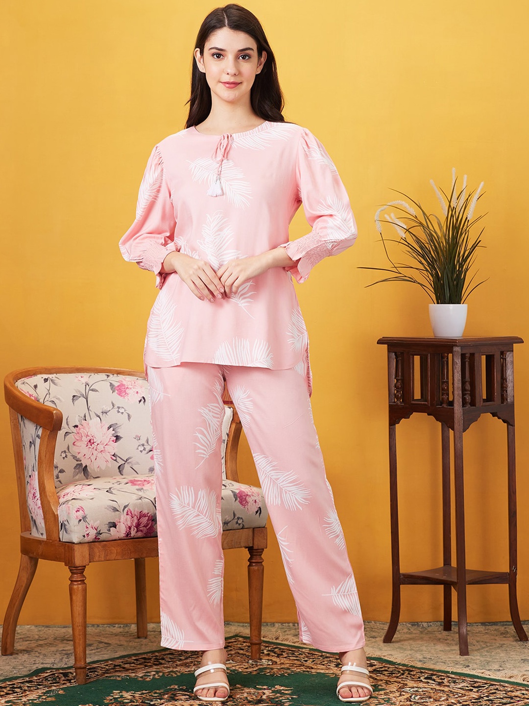 

AV2 Printed Tie-Up Neck Puffed Sleeves Top With Trouser, Pink