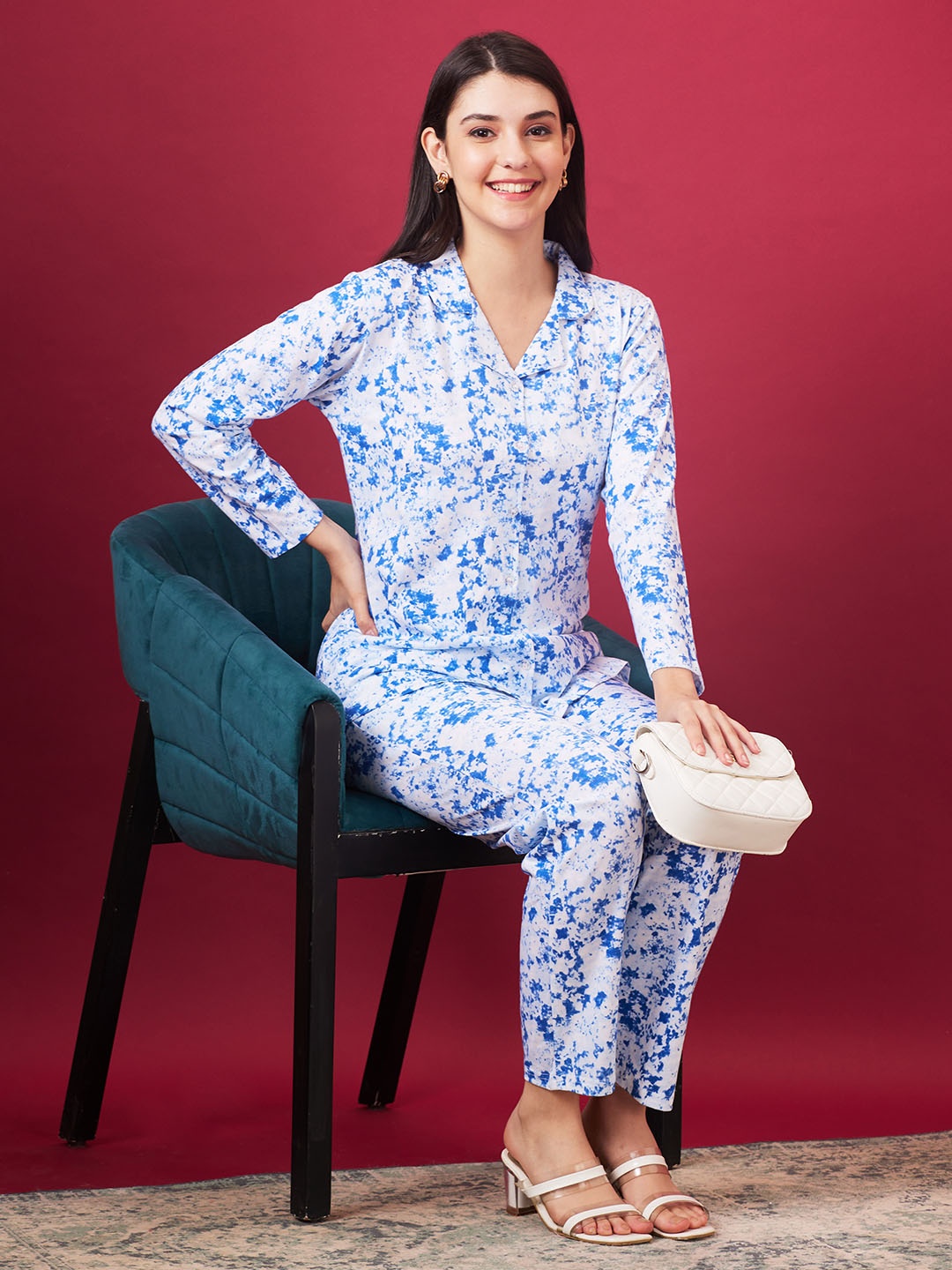 

AV2 Floral Printed Pure Cotton Shirt With Trousers Co-Ords, Blue