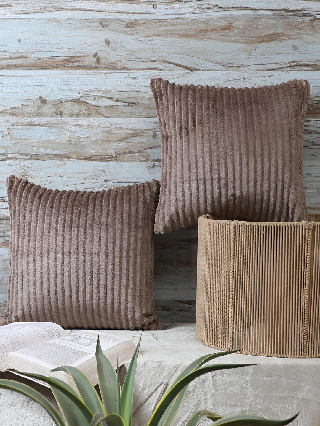 

MFD HOME FURNISHING Brown 2 Pieces Striped Printed Velvet Square Cushion Covers