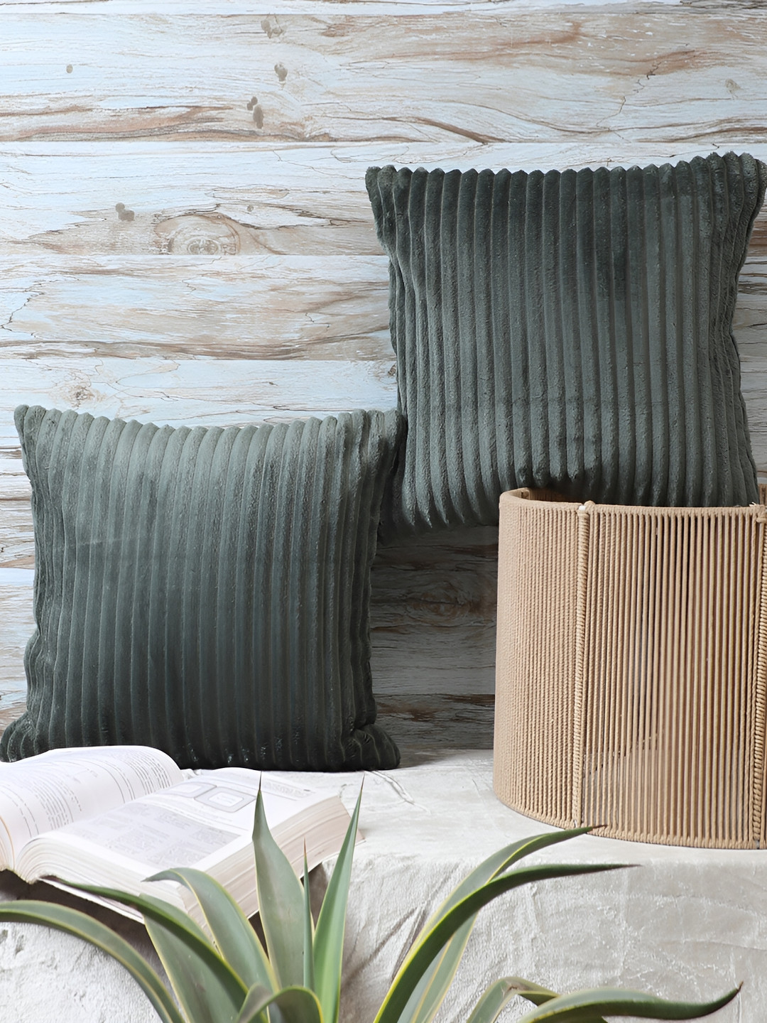 

MFD HOME FURNISHING Green 2 Pieces Striped Velvet Square Cushion Covers