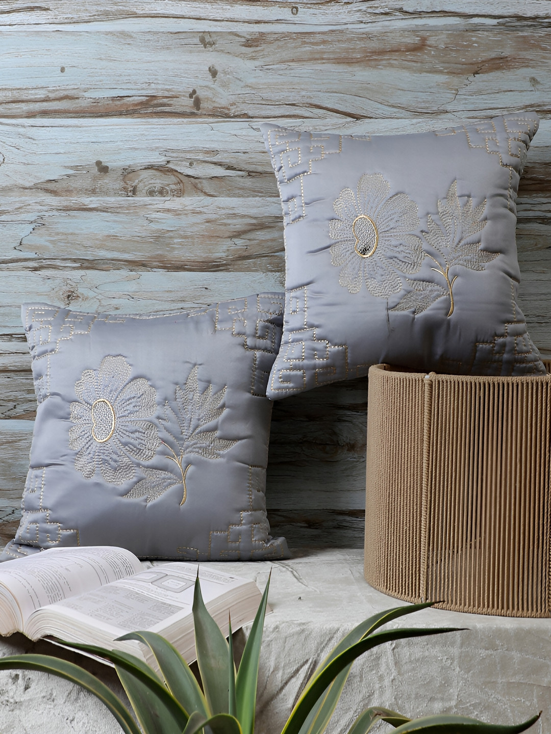 

MFD HOME FURNISHING Grey & Beige 2 Pieces Floral Satin Square Cushion Covers
